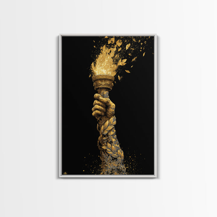 Flaming Laurel Torch Canvas Gold Canvas Print – Ancient Greek Victory Symbol Wall Art with Real Wood Frame