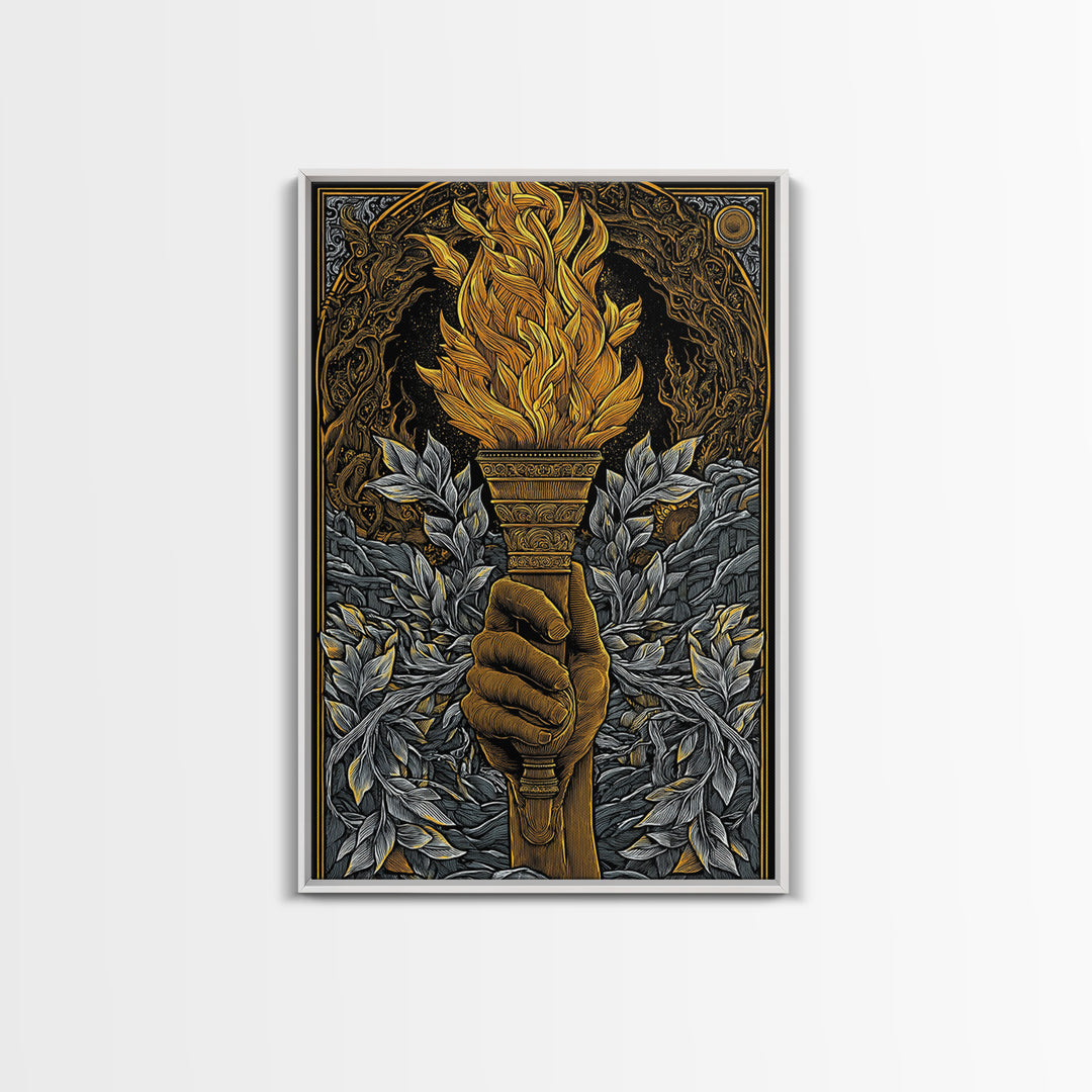 Mythic Laurel Torch Canvas Gold Canvas Print – Intricate Greek Style Wall Art with Real Wood Frame