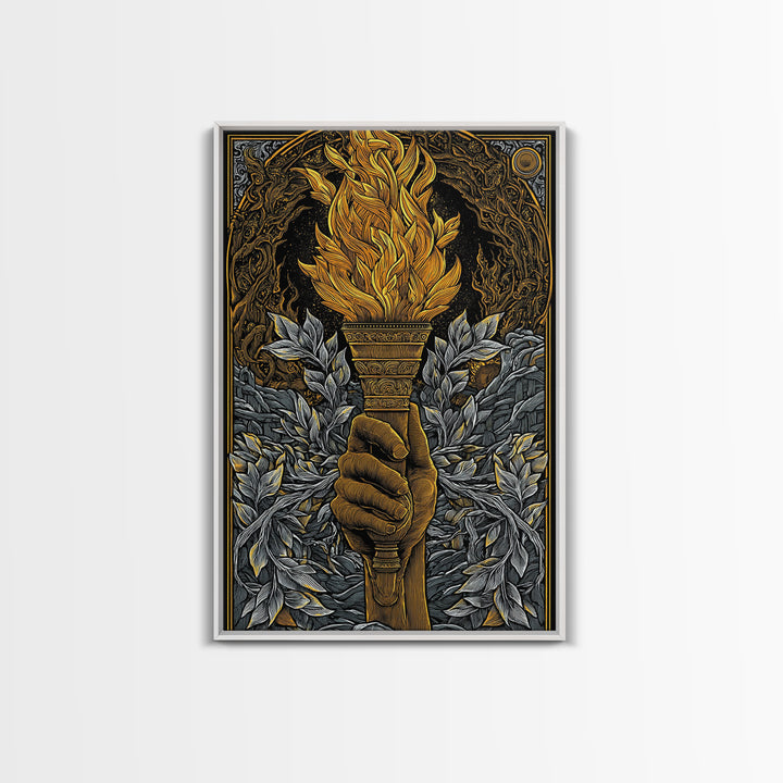 Mythic Laurel Torch Canvas Gold Canvas Print – Intricate Greek Style Wall Art with Real Wood Frame