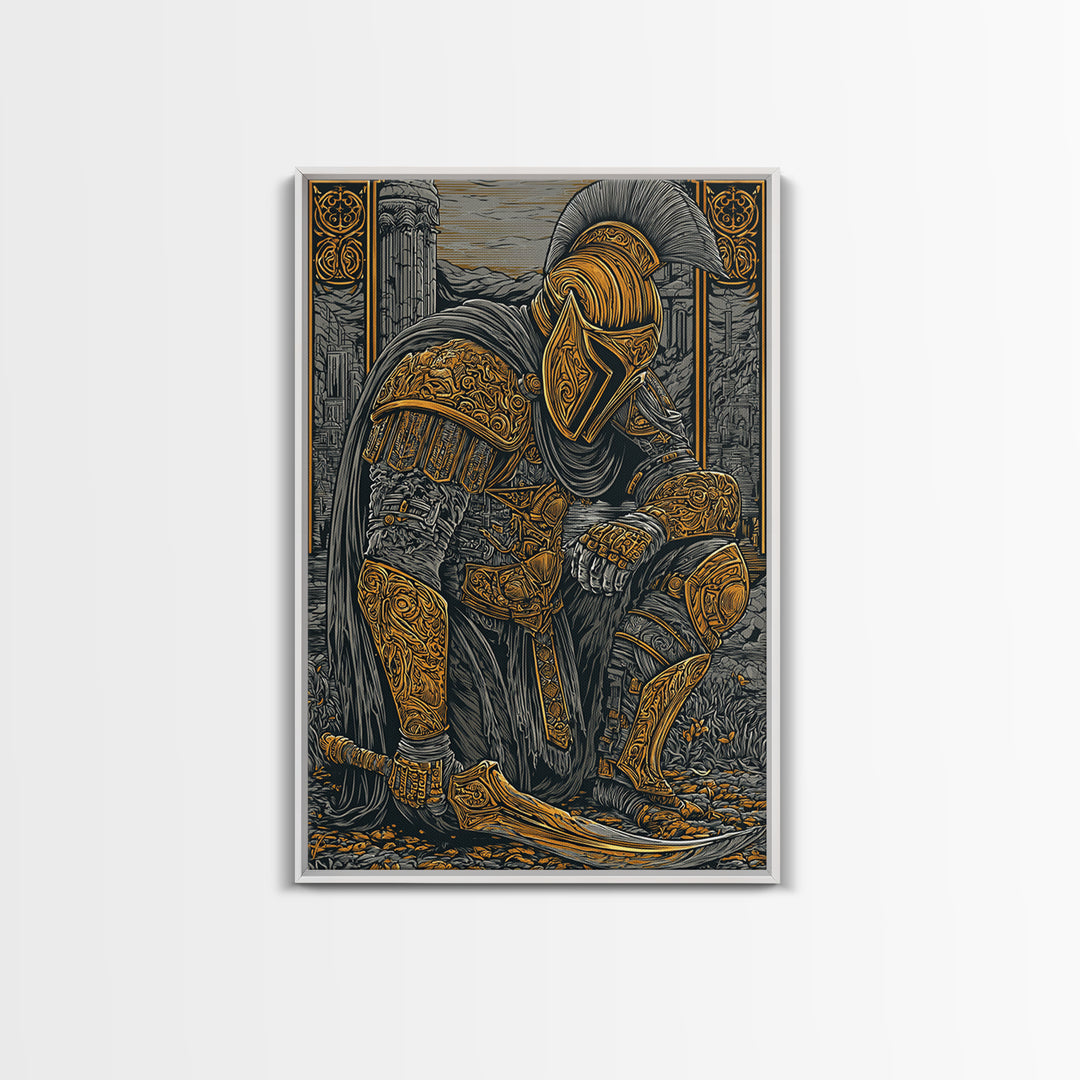 Kneeling Spartan Warrior Canvas Gold Canvas Print – Ancient Greek Hoplite Wall Art with Real Wood Frame