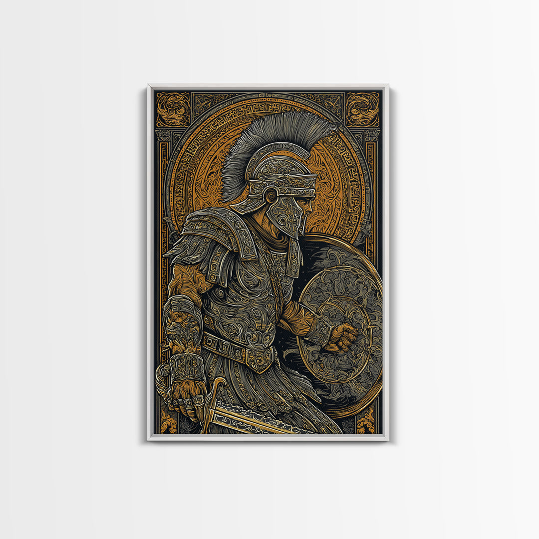 Charging Spartan Warrior Canvas Gold Canvas Print – Ancient Greek Hoplite Wall Art with Real Wood Frame