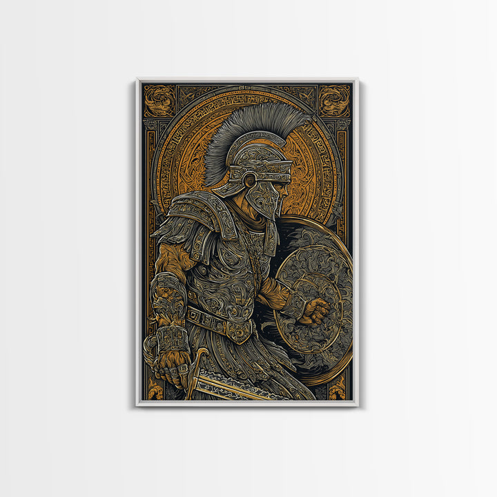 Charging Spartan Warrior Canvas Gold Canvas Print – Ancient Greek Hoplite Wall Art with Real Wood Frame
