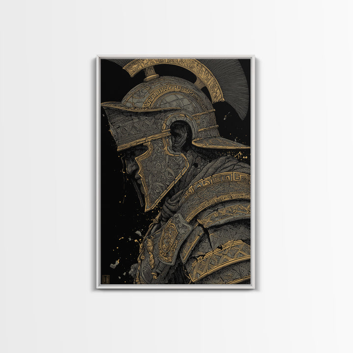 Profile Spartan Warrior Helmet Canvas Gold Canvas Print – Ancient Greek Hoplite Wall Art with Real Wood Frame