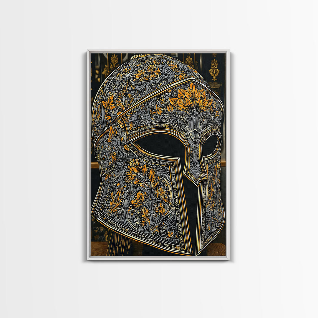 Floral Spartan Helmet with Golden Leaf Engraving – Canvas Gold Art, Real Wood Framed Canvas Art, Classic Warrior Helmet Wall Decor