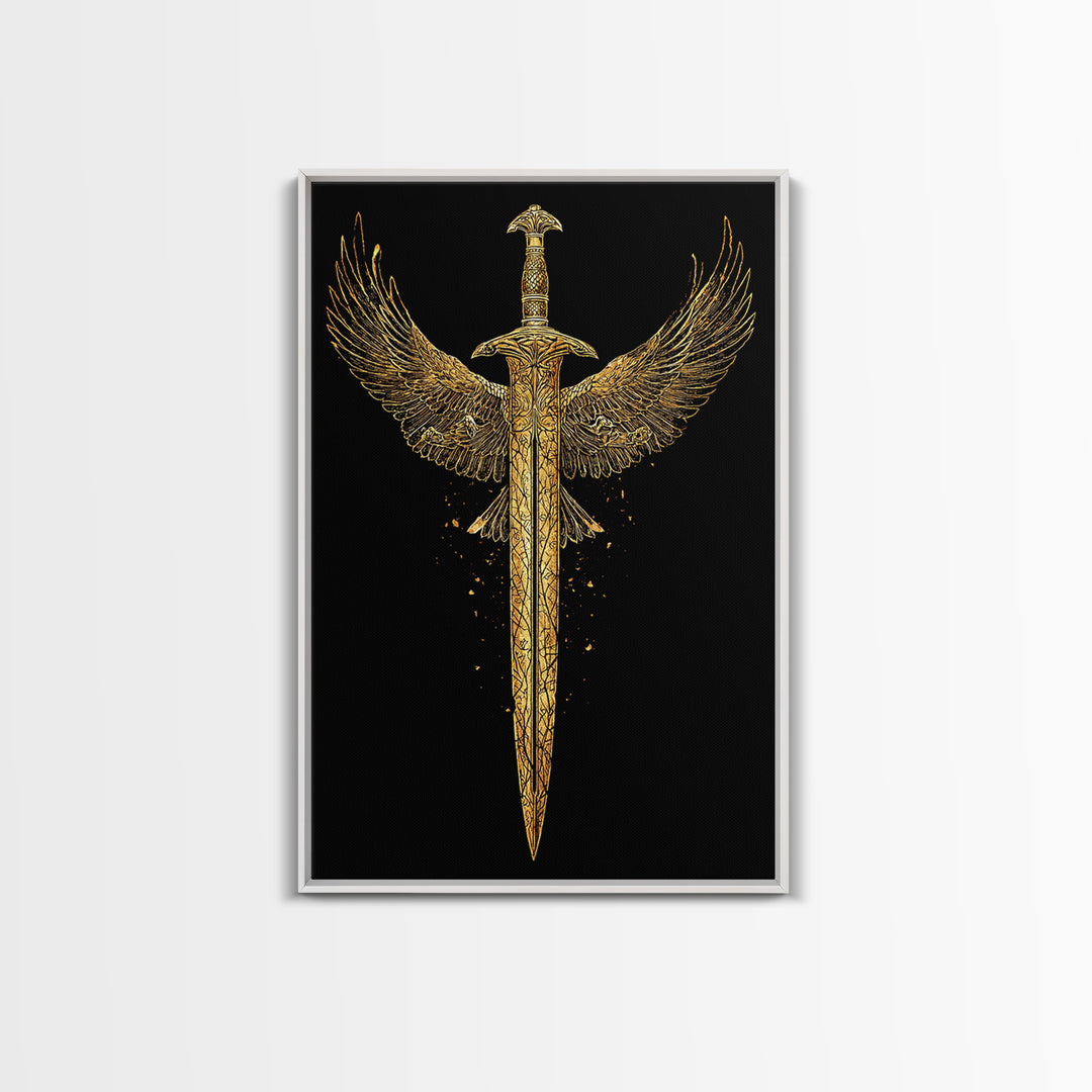 Winged Sword Canvas Gold Canvas Print – Mythical Fantasy Weapon Wall Art with Real Wood Frame for Home Decor