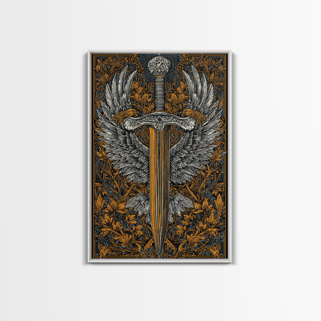 Winged Sword Canvas Gold Canvas Print – Intricate Medieval Blade with Angel Wings Design, Real Wood Frame Wall Art