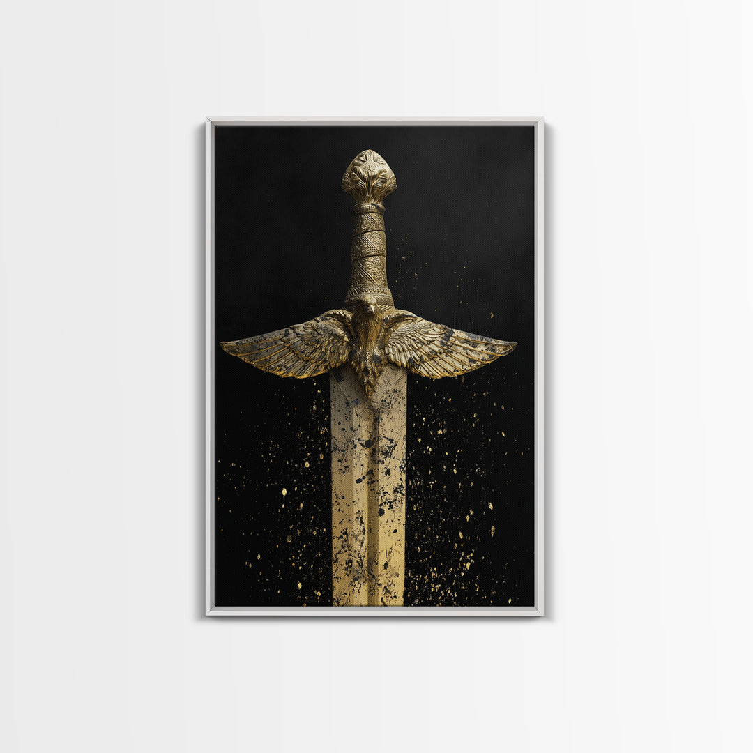 Golden Eagle Sword Canvas Gold Art – Ornate Medieval Blade with Spreading Wings, Real Wood Frame Warrior Home Décor