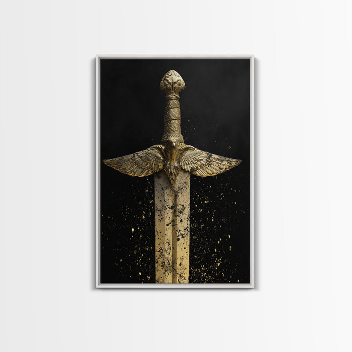 Golden Eagle Sword Canvas Gold Art – Ornate Medieval Blade with Spreading Wings, Real Wood Frame Warrior Home Décor