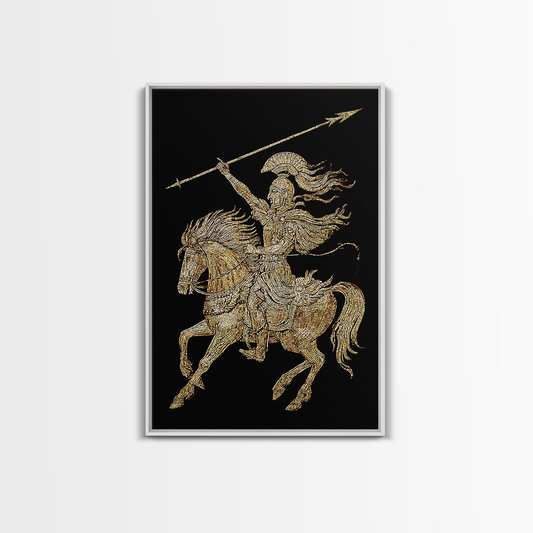 Ancient Warrior on Horseback Canvas Gold Canvas Print – Greek Mythology Spear Rider, Real Wood Frame Classical Wall Art