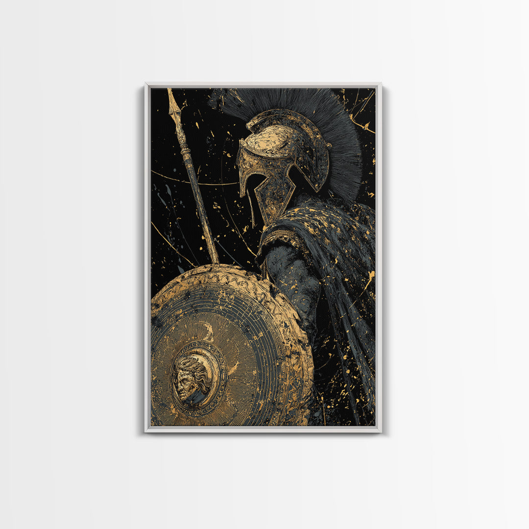 Greek Hoplite Warrior Canvas Gold Art – Spartan Spear and Shield Design, Real Wood Frame Classical Battle Scene Wall Décor