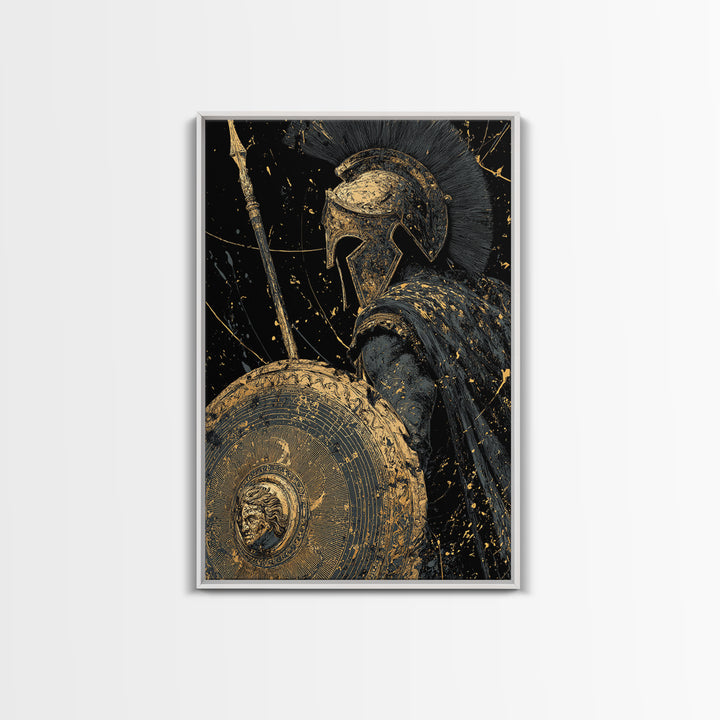 Greek Hoplite Warrior Canvas Gold Art – Spartan Spear and Shield Design, Real Wood Frame Classical Battle Scene Wall Décor
