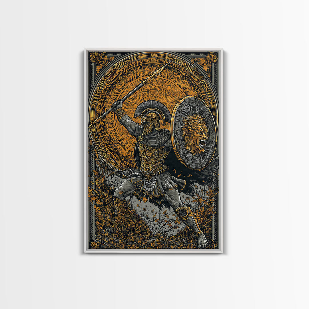 Heroic Spartan Warrior Canvas Gold Canvas Print – Lion Shield and Spear Combat Scene, Real Wood Frame Greek Mythology Art