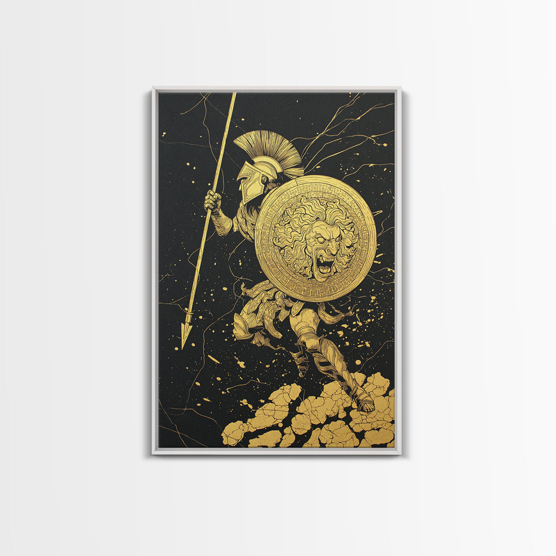 Charging Hoplite Warrior Canvas Gold Art – Greek Spear and Lion Shield Battle Pose, Real Wood Frame Ancient Warrior Wall Art
