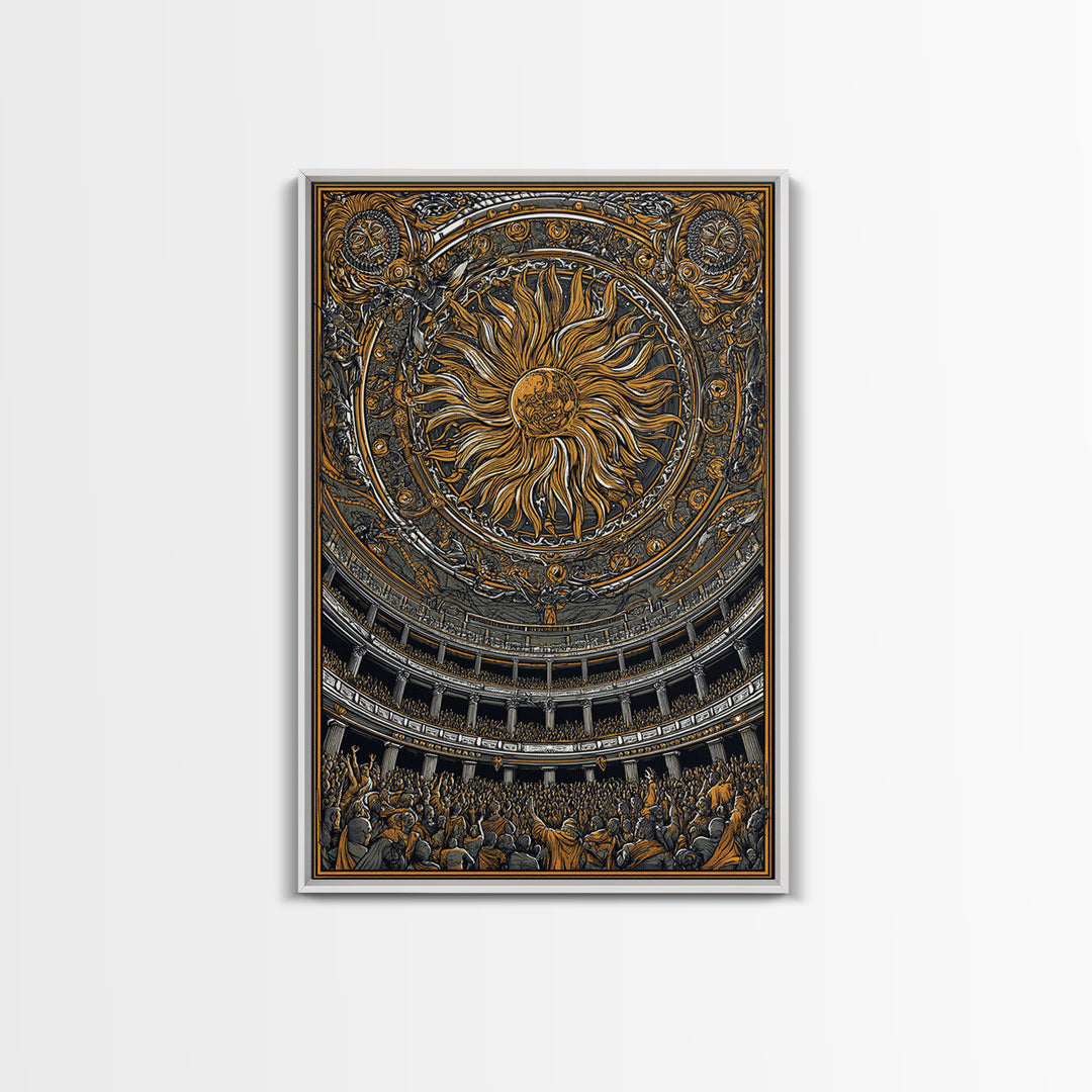 Grand Sun Ceiling Canvas Gold Canvas Print – Ornate Mythological Dome Artwork, Real Wood Frame Classical Architectural Wall Art