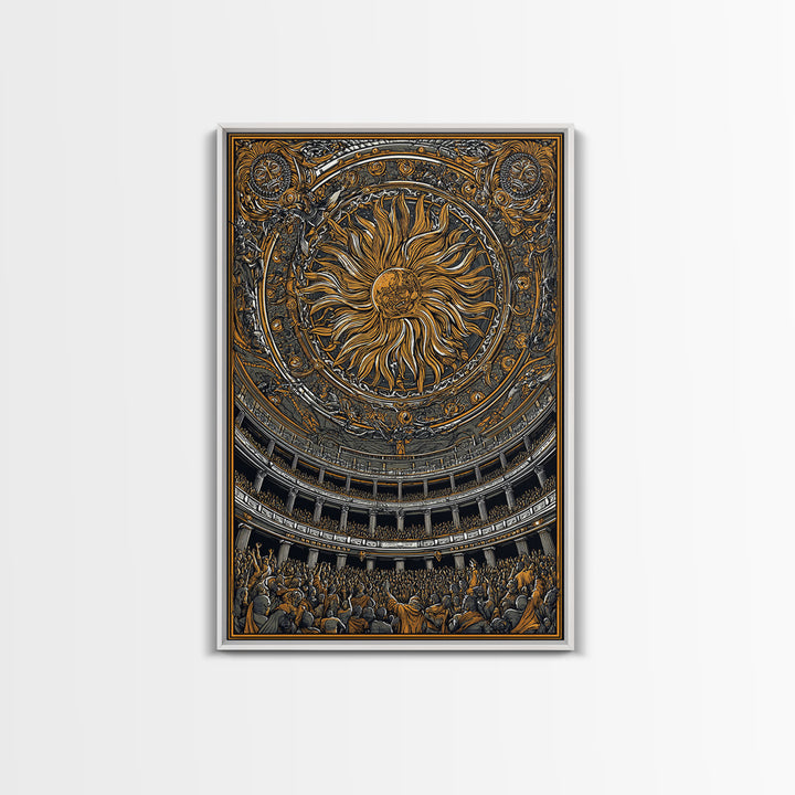 Grand Sun Ceiling Canvas Gold Canvas Print – Ornate Mythological Dome Artwork, Real Wood Frame Classical Architectural Wall Art