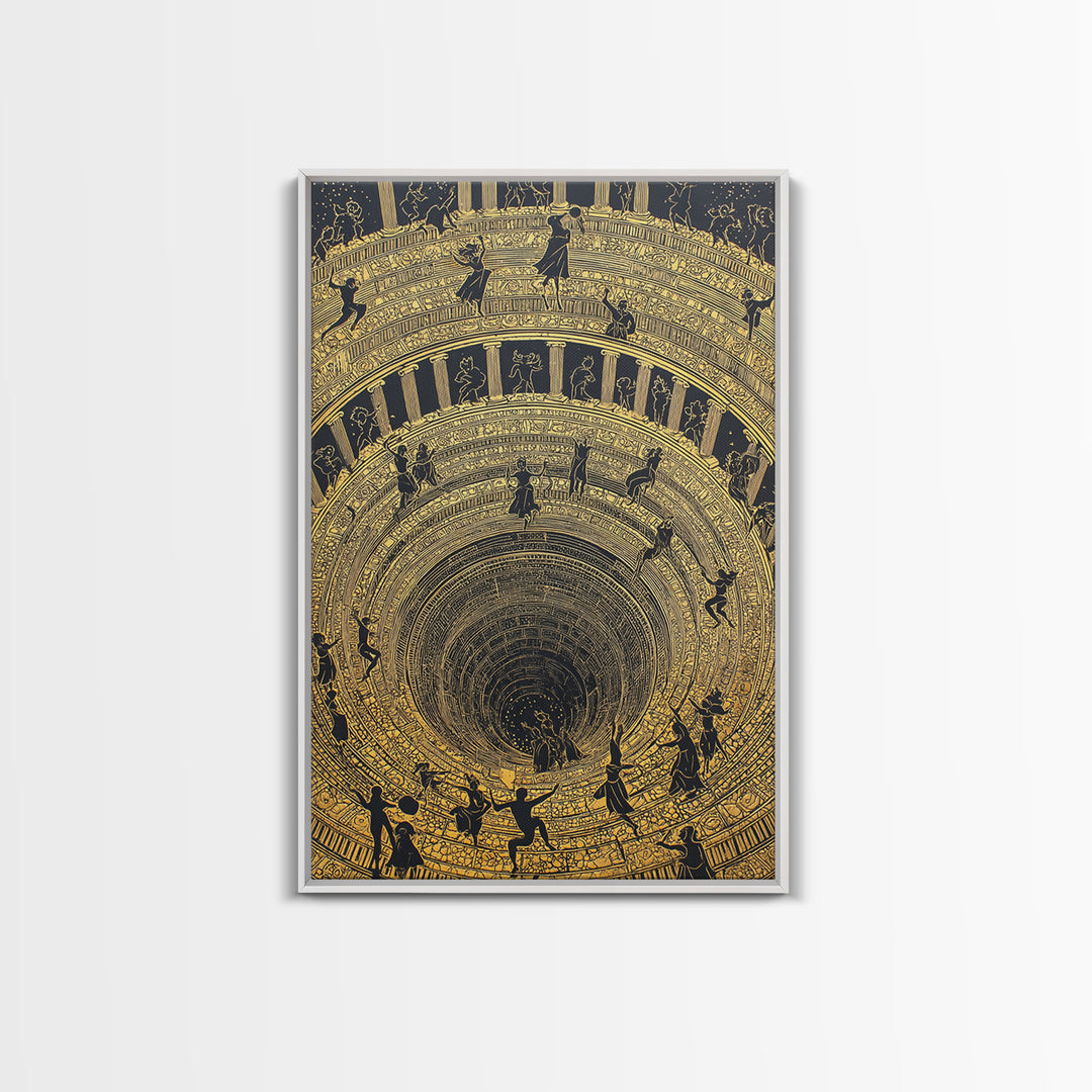 Mythic Underworld Descent Canvas Gold Art – Spiraling Figures in Ancient Pit Design, Real Wood Frame Fantasy Wall Décor