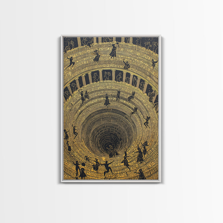 Mythic Underworld Descent Canvas Gold Art – Spiraling Figures in Ancient Pit Design, Real Wood Frame Fantasy Wall Décor