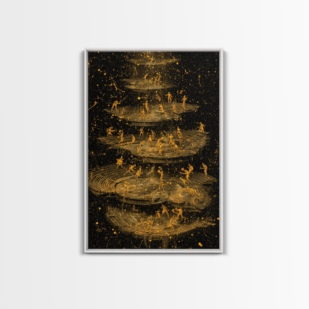 Celestial Battle Layers Canvas Gold Canvas Print – Mythological Figures Across Cosmic Rings, Real Wood Frame Fantasy Art