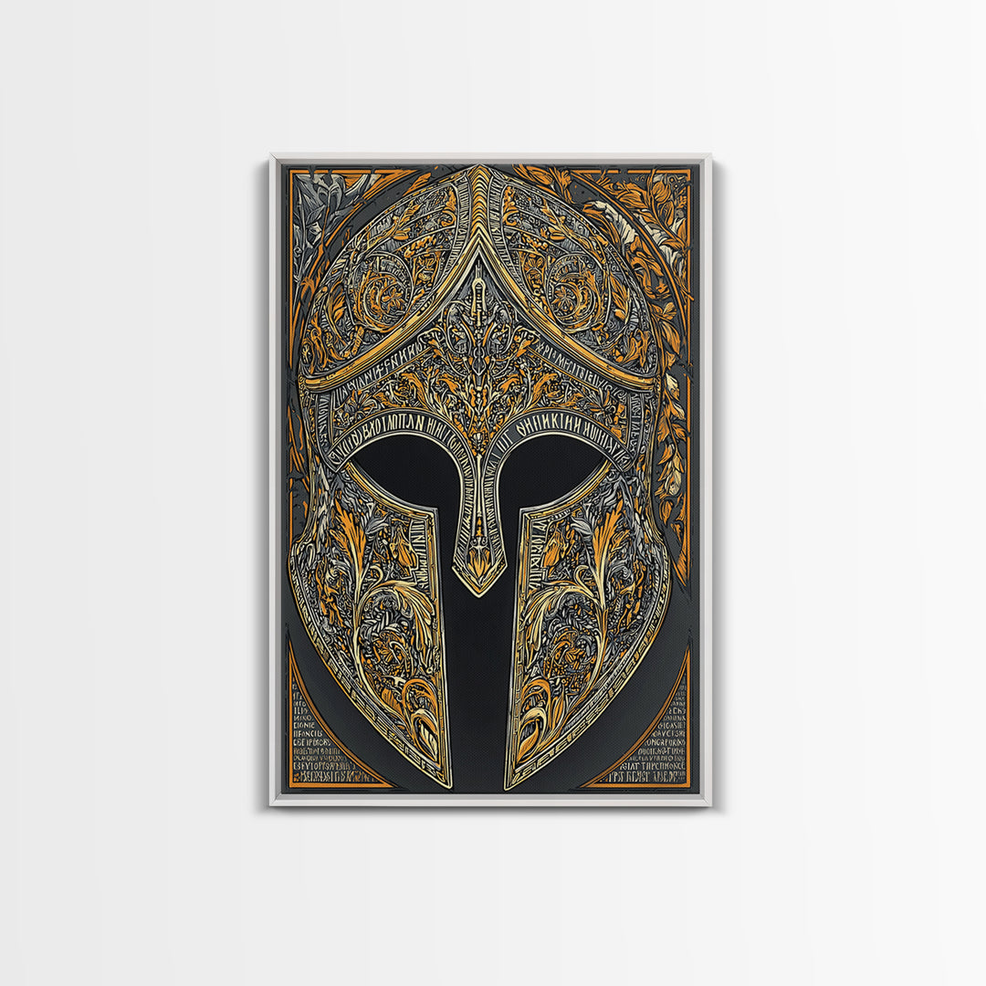 Mythic Greco-Roman Helmet with Ivy and Scrollwork – Canvas Gold Art, Framed Canvas Art with Real Wood, Ancient Battle Decor