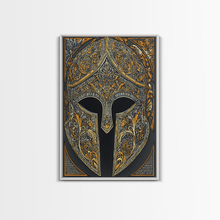 Mythic Greco-Roman Helmet with Ivy and Scrollwork – Canvas Gold Art, Framed Canvas Art with Real Wood, Ancient Battle Decor