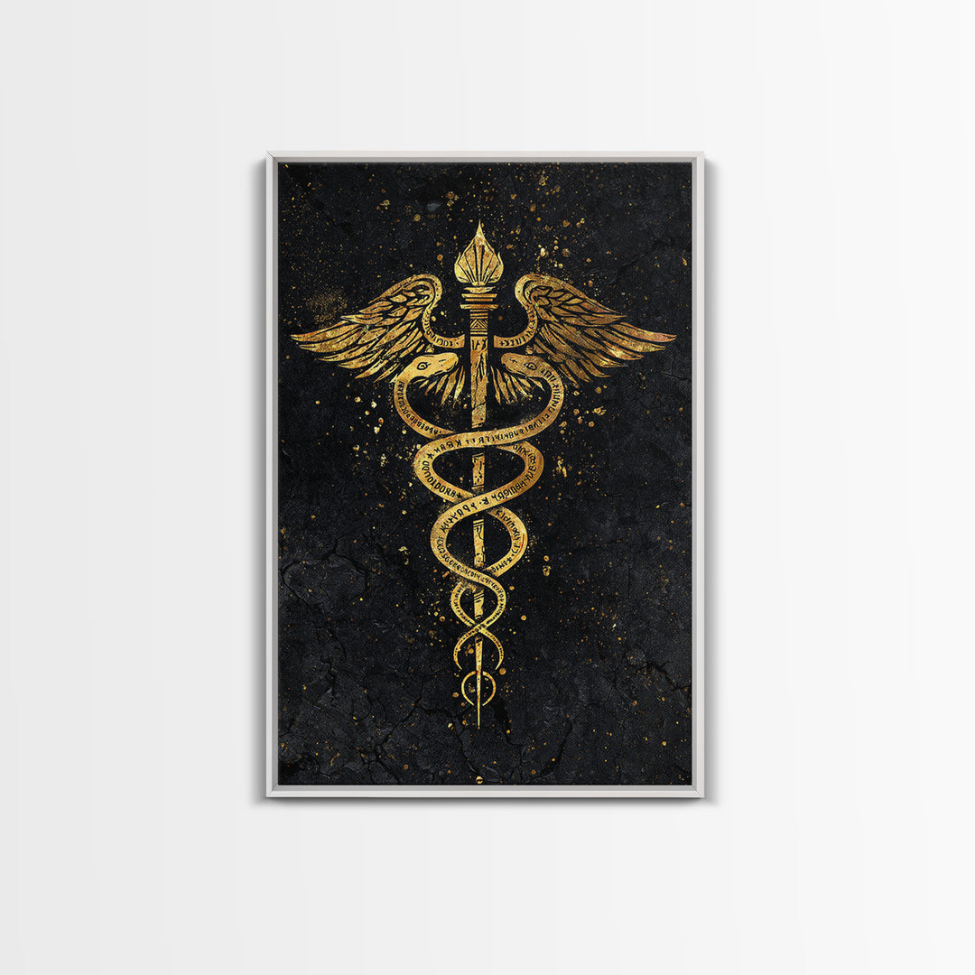 Caduceus Symbol Wall Art, Serpent And Wings Medical Symbol Artwork, Canvas Gold Canvas Print, Real Wood Frame Decor