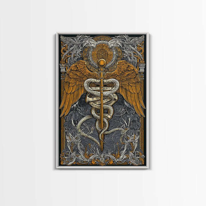 Ornate Medical Symbol Artwork, Caduceus Wall Decor With Wings And Serpents, Canvas Gold Canvas Print, Real Wood Frame