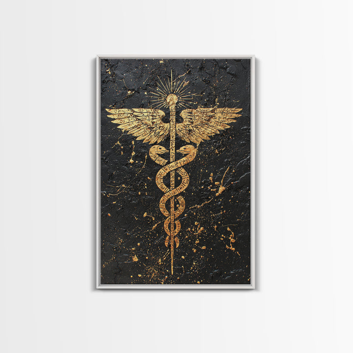 Ancient Caduceus Symbol Art, Golden Serpent And Staff Artwork, Canvas Gold Canvas Print, Real Wood Frame Wall Decor