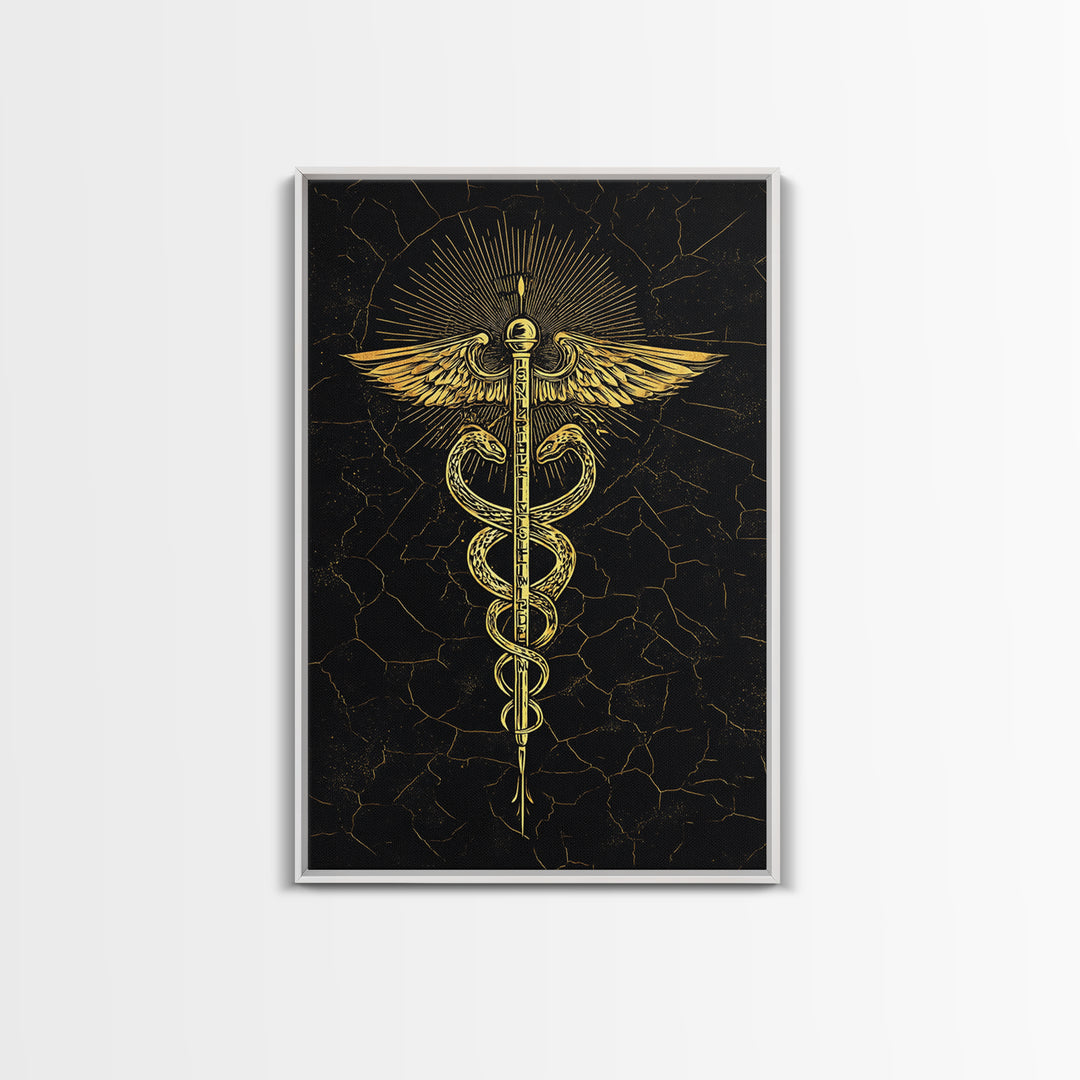 Radiant Caduceus Symbol Wall Art, Serpent And Winged Staff Artwork, Canvas Gold Canvas Print, Real Wood Frame Decor