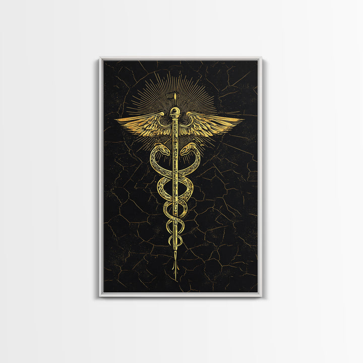 Radiant Caduceus Symbol Wall Art, Serpent And Winged Staff Artwork, Canvas Gold Canvas Print, Real Wood Frame Decor