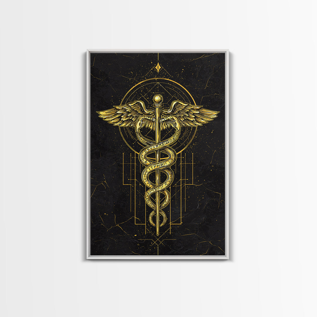 Geometric Caduceus Symbol Artwork, Sacred Serpent And Staff Wall Art, Canvas Gold Canvas Print, Real Wood Frame Decor
