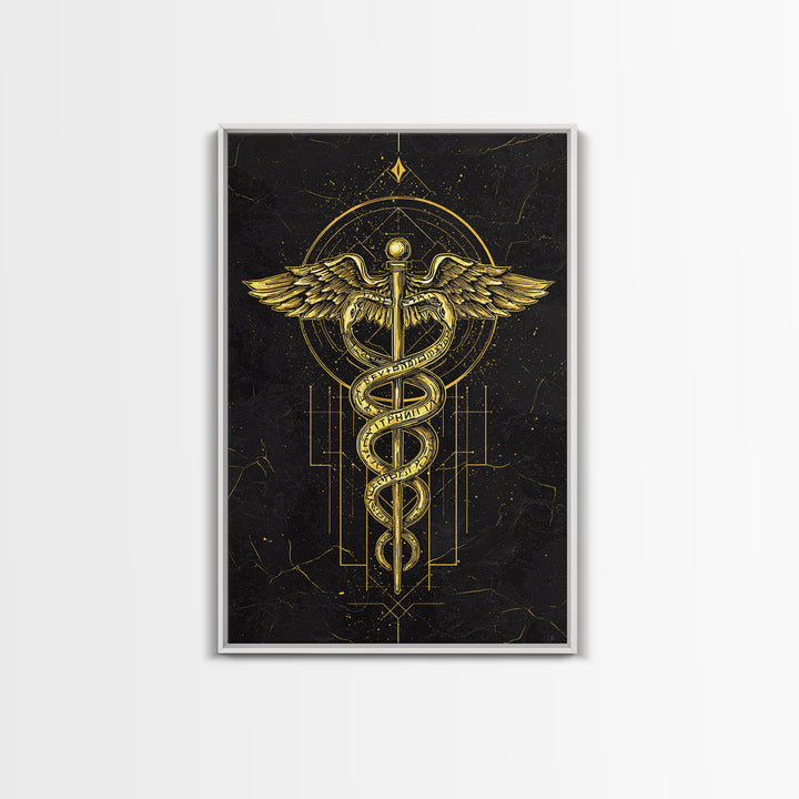 Geometric Caduceus Symbol Artwork, Sacred Serpent And Staff Wall Art, Canvas Gold Canvas Print, Real Wood Frame Decor