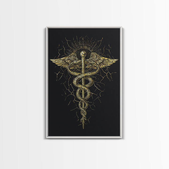 Caduceus Medical Symbol Wall Art, Serpent And Wings Ancient Staff Artwork, Canvas Gold Canvas Print, Real Wood Frame