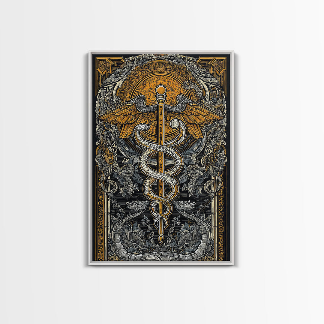 Botanical Caduceus Symbol Artwork, Ornate Serpent And Wings Wall Art, Canvas Gold Canvas Print, Real Wood Frame Decor