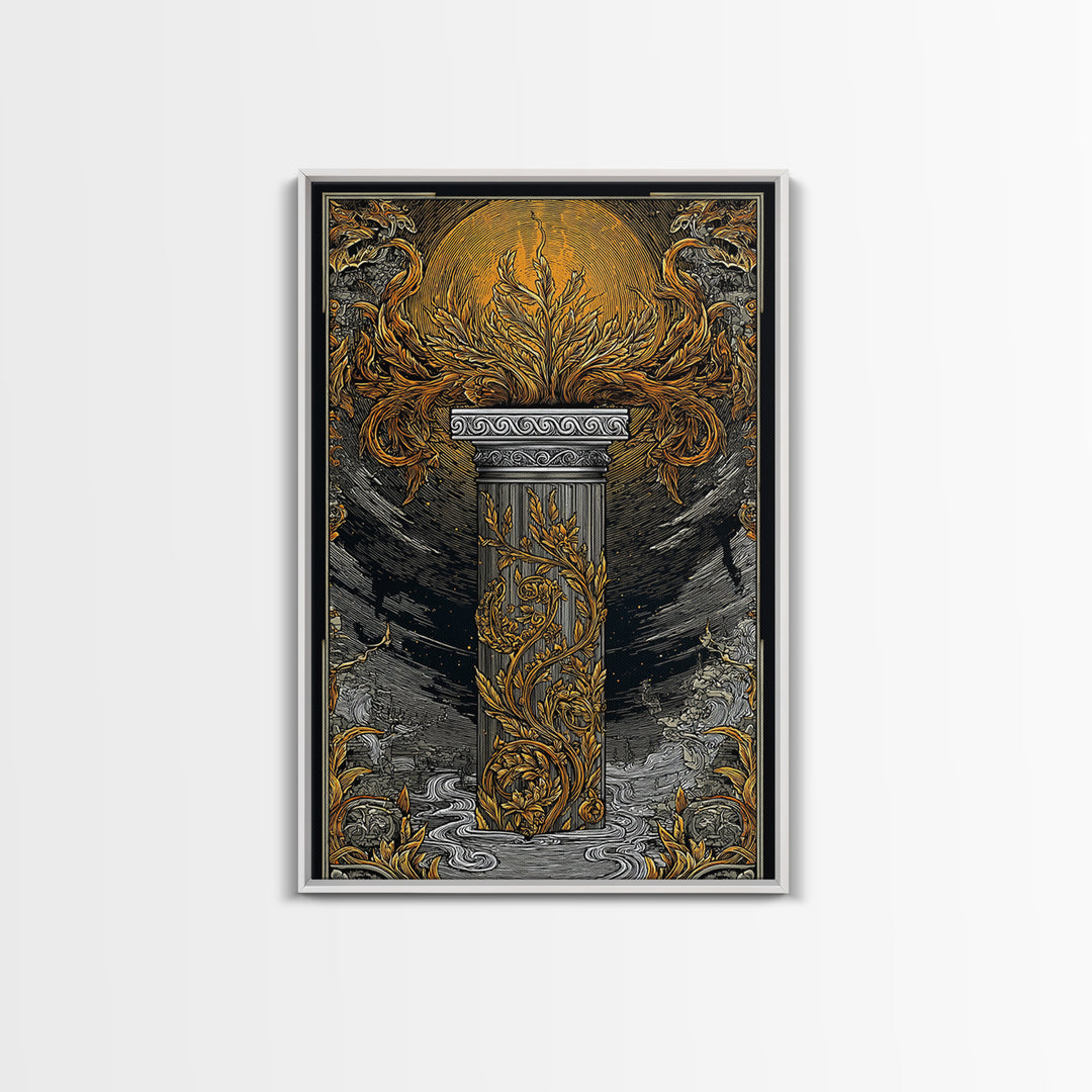 Greek Column Artwork, Mythical Pillar With Golden Flames Wall Art, Canvas Gold Canvas Print, Real Wood Frame Decor
