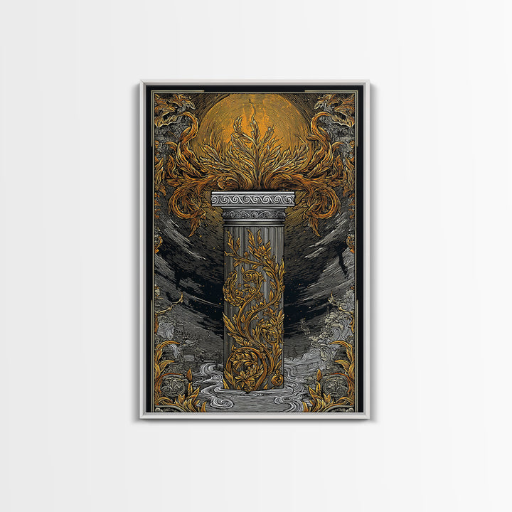 Greek Column Artwork, Mythical Pillar With Golden Flames Wall Art, Canvas Gold Canvas Print, Real Wood Frame Decor