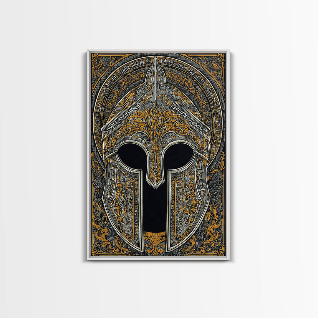 Ornate Bronze and Silver Spartan Helmet Wall Print – Canvas Gold Art, Real Wood Frame Canvas Art, Classical Greek Warrior Decor