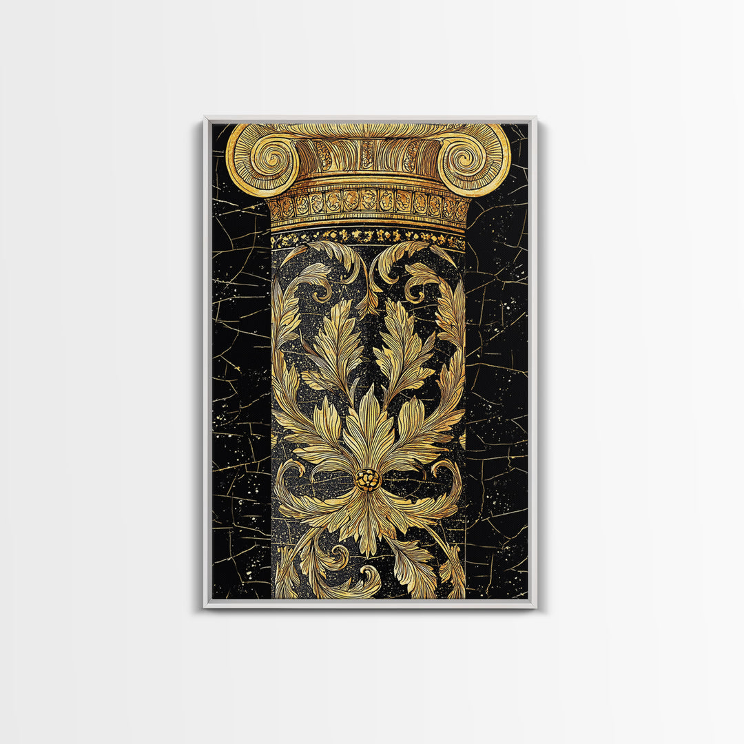 Greek Column Detail Artwork, Ornate Corinthian Pillar Wall Art, Canvas Gold Canvas Print, Real Wood Frame Classic Decor