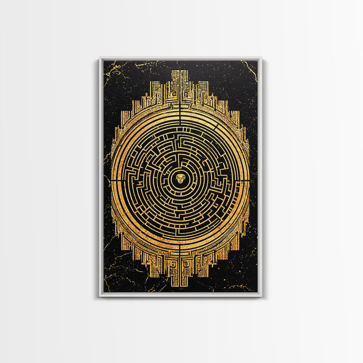 Labyrinth Maze Artwork, Mythical Minotaur Symbol Wall Art, Canvas Gold Canvas Print, Real Wood Frame, Ancient Greek Decor