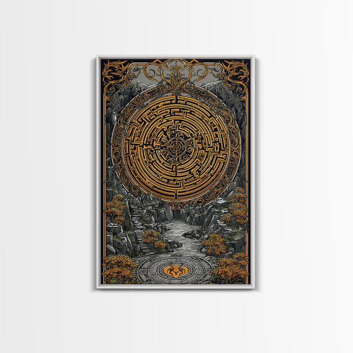 Ancient Maze Artwork, Mystical Labyrinth Symbol Wall Art, Canvas Gold Canvas Print, Real Wood Frame, Mythology Inspired Decor