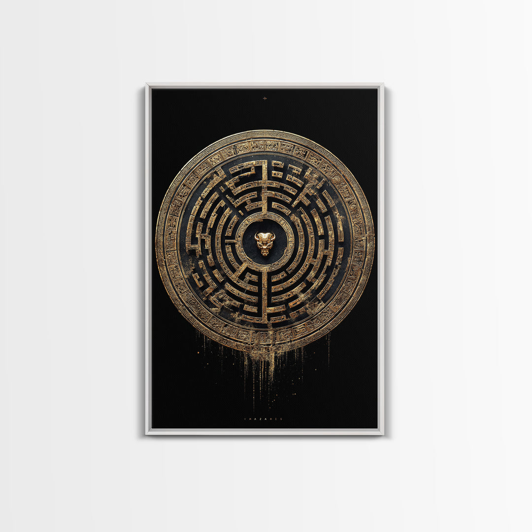 Greek Labyrinth Artwork, Mythical Minotaur Maze Symbol Wall Art, Canvas Gold Canvas Print, Real Wood Frame, Esoteric Decor