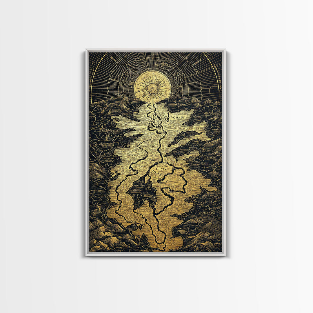 Celestial Map Artwork, Mythical Golden Sun And River Wall Art, Canvas Gold Canvas Print, Real Wood Frame, Ancient Inspired Decor