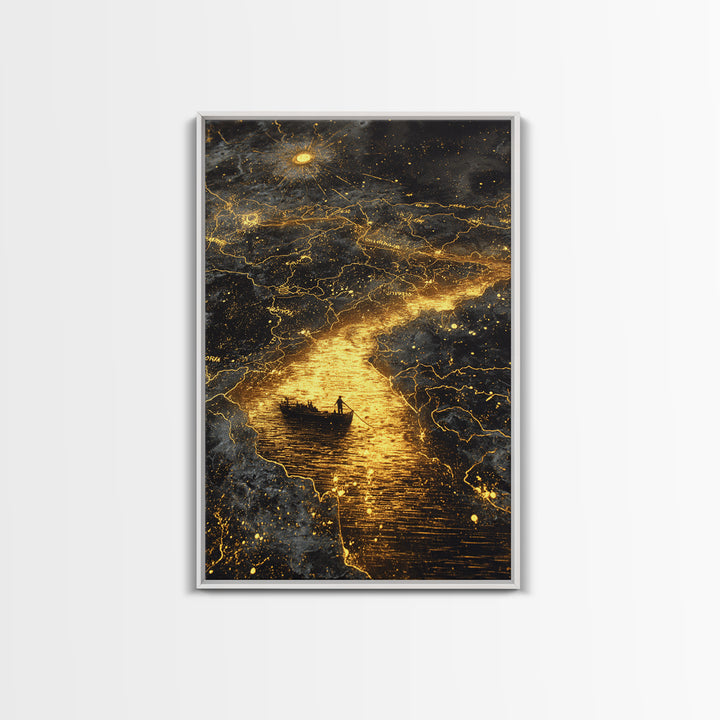Mythical Boat Journey Artwork, Celestial Golden Map Wall Art, Canvas Gold Canvas Print, Real Wood Frame, Mystical Decor