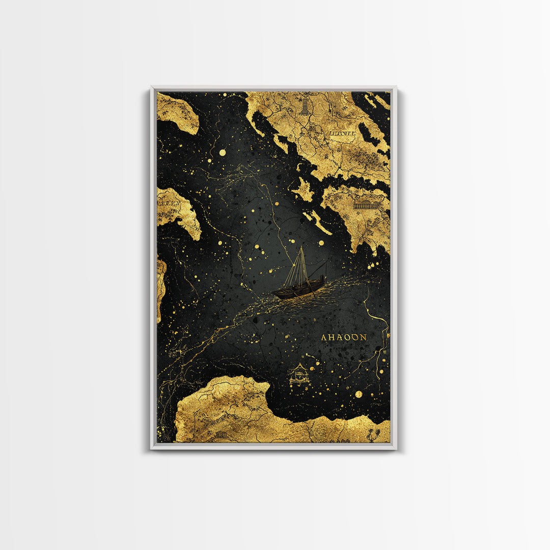 Golden Voyage Map Artwork, Ancient Nautical Journey Wall Art, Canvas Gold Canvas Print, Real Wood Frame, Mythical Decor