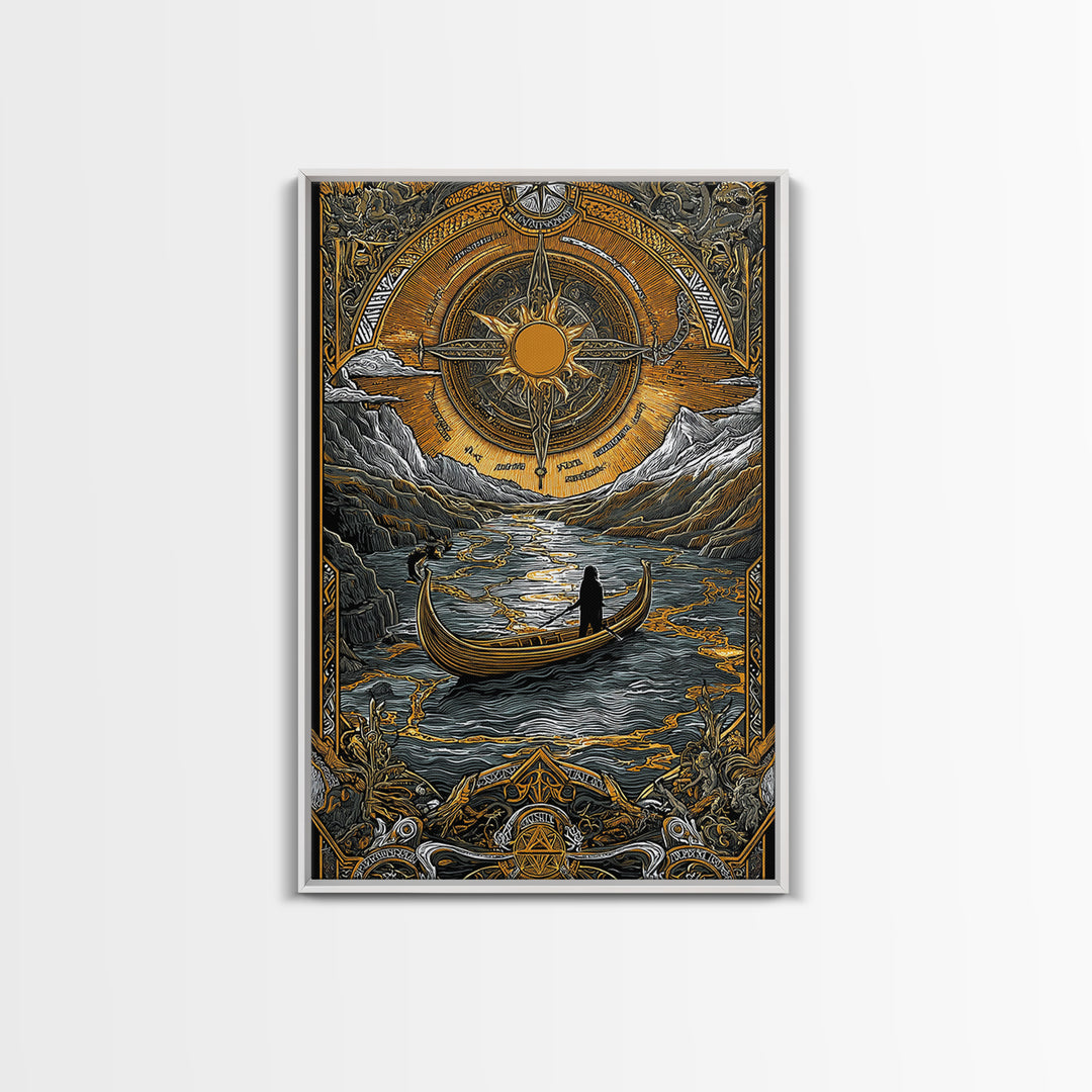 Mystical Compass Artwork, Celestial Sun And Boat Journey Wall Art, Canvas Gold Canvas Print, Real Wood Frame, Mythology Decor