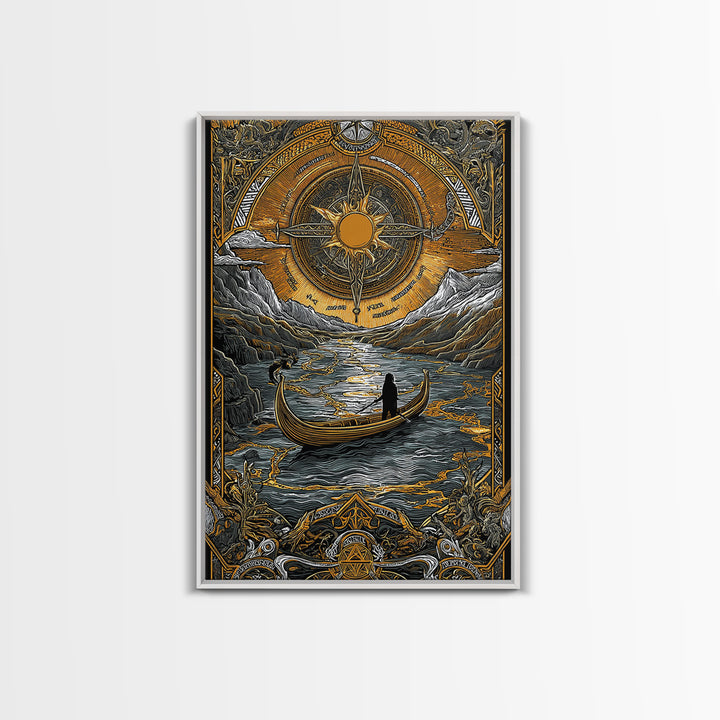 Mystical Compass Artwork, Celestial Sun And Boat Journey Wall Art, Canvas Gold Canvas Print, Real Wood Frame, Mythology Decor