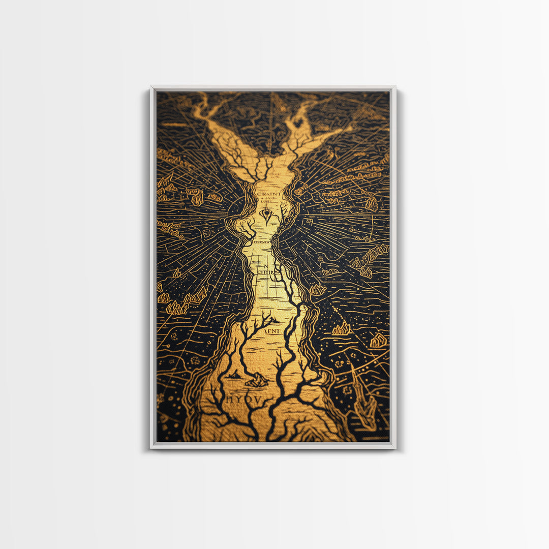 Ancient River Map Artwork, Mythical Golden Waterways Wall Art, Canvas Gold Canvas Print, Real Wood Frame, Esoteric Decor