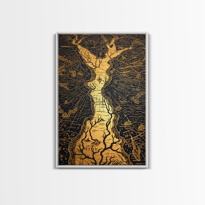 Ancient River Map Artwork, Mythical Golden Waterways Wall Art, Canvas Gold Canvas Print, Real Wood Frame, Esoteric Decor