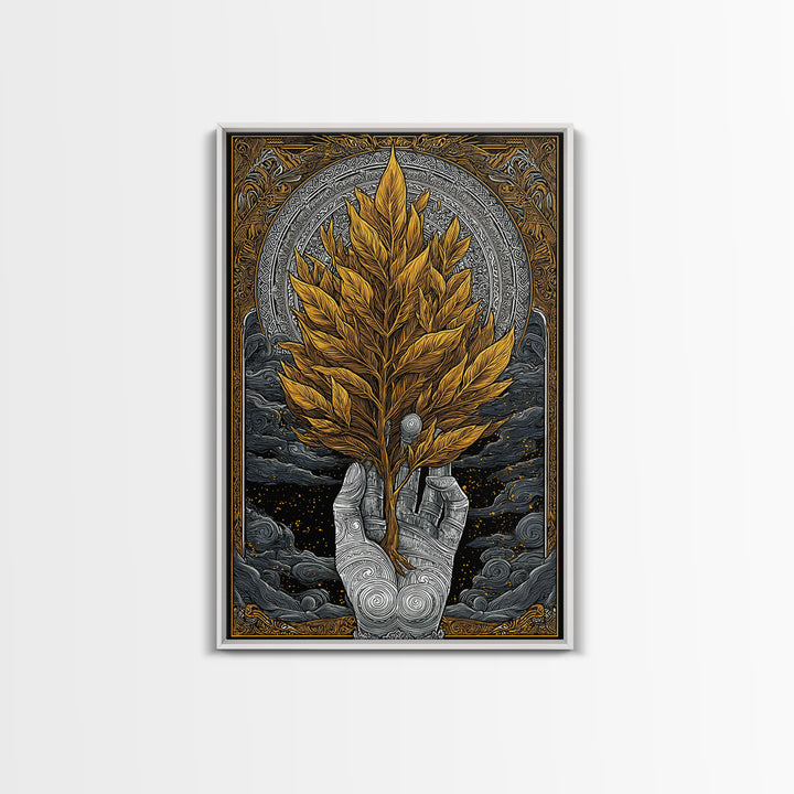 Hand With Golden Leaves Artwork, Mythical Nature Symbol Wall Art, Canvas Gold Canvas Print, Real Wood Frame, Sacred Decor