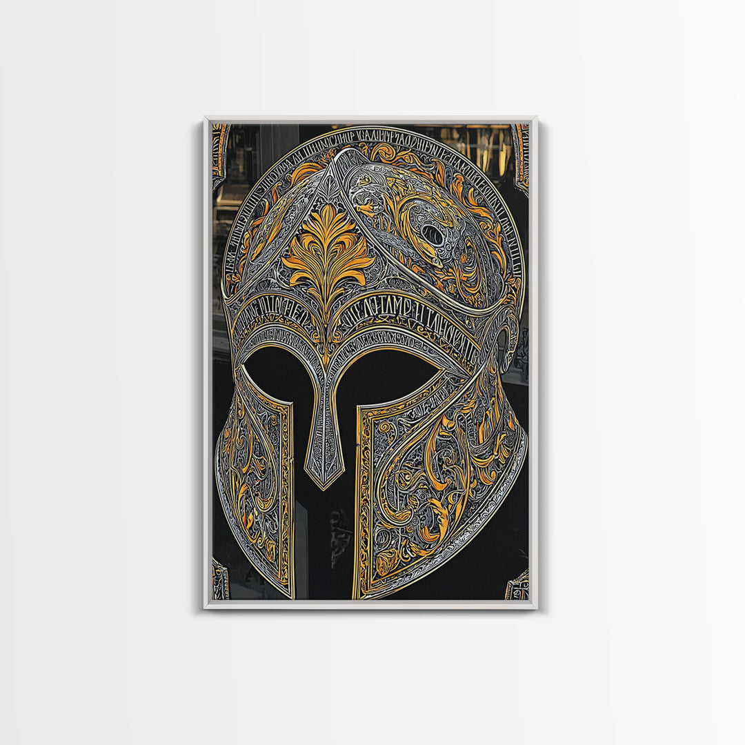Baroque Spartan Helmet with Heraldic Crest – Canvas Gold Art, Real Wood Framed Canvas Art, Luxury Greco-Roman Wall Sculpture