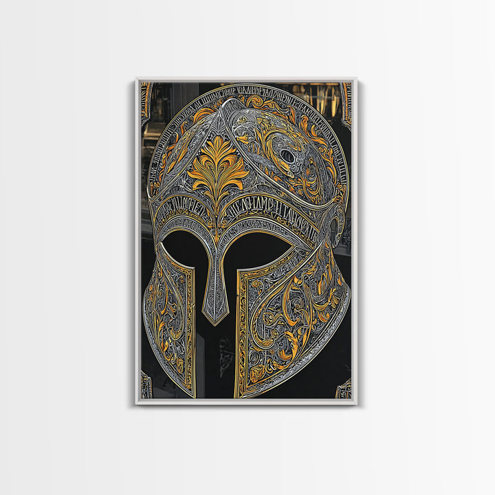 Baroque Spartan Helmet with Heraldic Crest – Canvas Gold Art, Real Wood Framed Canvas Art, Luxury Greco-Roman Wall Sculpture